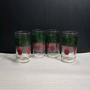 Set Of 4 Vtg Libbey Red Apple W/Green Sponge Design Glasses 16 Oz 1990s